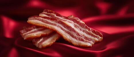 Sizzling raw bacon strips gourmet kitchen food photography elegant setting close-up culinary delight photo