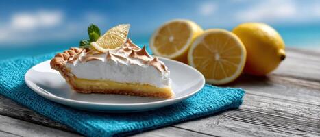 Delicious lemon meringue pie slice on a plate beachside table food photography bright environment close-up view photo