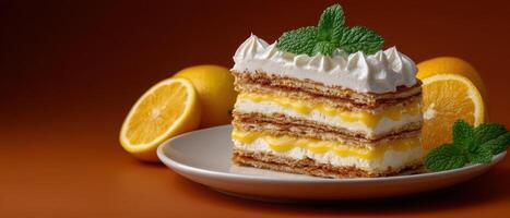 Delicious lush crepe cake with creamy lemon curd filling kitchen setting food photography close-up focus photo