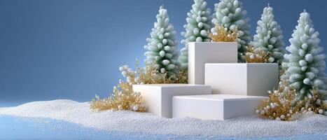 Festive white podiums arrangement with geometric designs winter wonderland display setup calm atmosphere creative concept photo