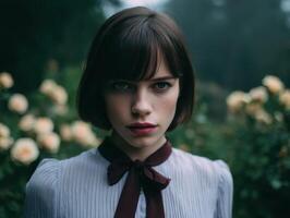 Intense portrait of a young woman in a rose garden dramatic focus natural light close-up emotional expression photo