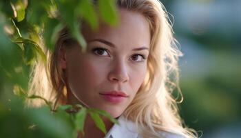Serene portrait of a woman among greenery outdoor setting close-up photography natural light photo