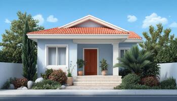 Charming two-bedroom house with clean facade sunny garden residential area modern design photo