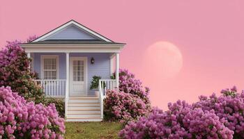 Charming modern cottage with inviting porch surrounded by blossoming flowers at sunset photo