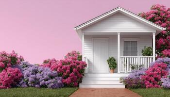 Charming modern cottage with inviting porch surrounded by vibrant flowers front view garden serenity photo
