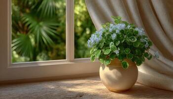 Cozy indoor corner with light drapes and plants home interior design natural light serene view photo