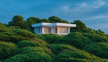 Contemporary home design surrounded by lush greenery coastal landscape aerial view minimalist architecture photo