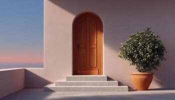 Modern arched wooden entrance contemporary home exterior design serene atmosphere eye-level view minimalist aesthetic photo
