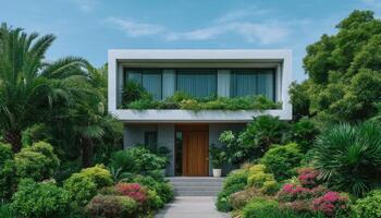 Contemporary minimalist home design urban oasis image lush environment front view aesthetic appeal photo