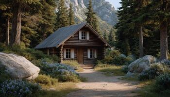 Serene rustic log cabin in lush woods nature photography illuminated landscape view photo