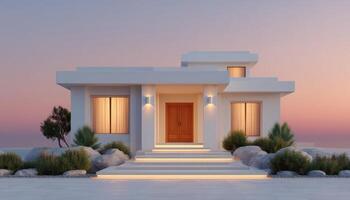 Modern eco-friendly home design coastal region architectural image serene environment front view sophisticated concept photo