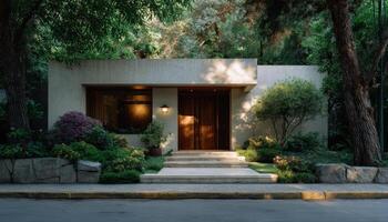 Modern house with flat roof urban garden architectural photography natural surroundings front view contemporary design photo
