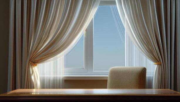 Stylish office space with large window modern design bright environment peaceful view photo