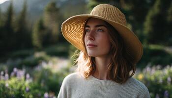 Woman in wide-brimmed hat enjoys sunlit field nature scene outdoor photography serene environment photo