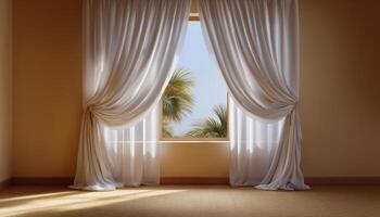 Elegant living room with sheer curtains and tropical view home interior modern aesthetics photo