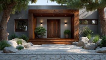 Elegant modern entryway design featuring wood and stone tranquil outdoor setting architectural photography photo