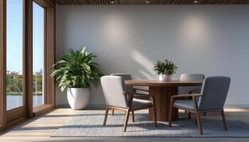 Modern minimalist meeting room design urban office space interior setup bright environment wide angle view photo