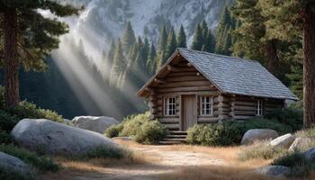 Rustic log cabin in serene woods nature photography tranquil environment bright illuminations photo