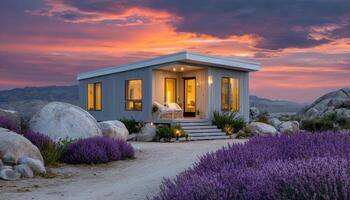 Modern tiny house in lavender fields scenic landscape photography evening viewpoint tranquil concept photo
