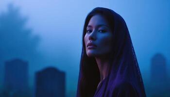 Mysterious young woman in graveyard mysterious atmosphere portrait photography low light emotional depth photo