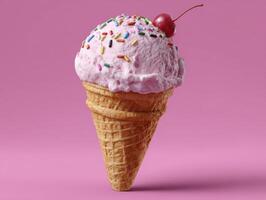 Delicious ice cream cone with sprinkles indoor setting food photography vibrant pink background photo