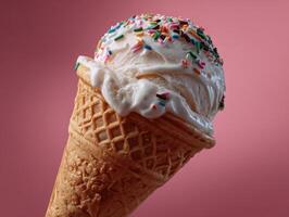 Delicious ice cream cone with sprinkles studio food photography bright colors close-up sweet treats photo