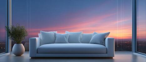 Serene minimalist lounge area at dusk modern interior design chic environment urban view photo