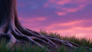 Entwined tree roots at sunset nature closeup soft lighting serene environment detailed view photo