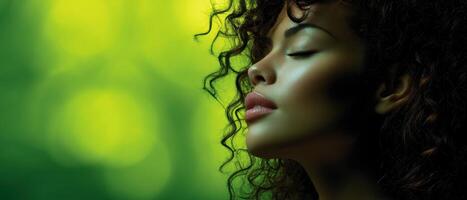 Captivating silhouette of a woman with curly hair in lush greenery outdoor photography serene atmosphere photo