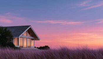 Tranquil sunset over a simple wood house coastal landscape digital art serene environment side view photo