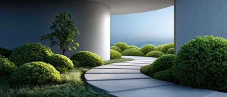 Contemporary curved pathway entrance modern architecture tranquil garden outdoor setting aesthetic design photo