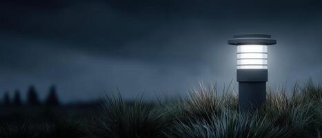 Modern lawn light fixture illuminating landscape at dusk artistic capture serene environment photo
