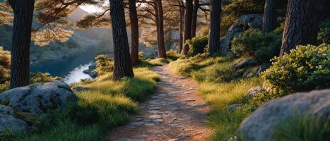 Golden sunlight filtering through lush leaves on scenic forest path nature serenity outdoor tranquil photo