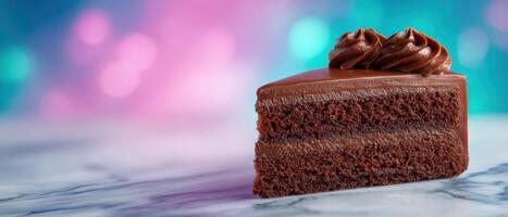 Indulgent chocolate cake slice on marble countertop dessert photography colorful background photo