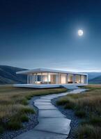 Elegant glass house under moonlight isolated location architectural photography serene environment night view modern design photo