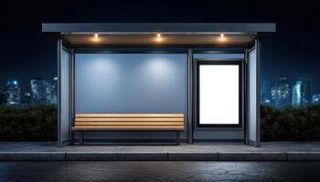 Modern transparent bus stop design urban cityscape architecture showcase night time contemporary aesthetics photo