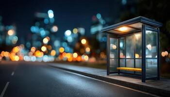 Modern glass bus stop at night with vibrant city lights urban environment architectural design photo