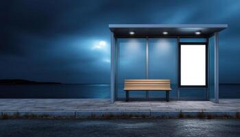 Modern bus stop design urban waterfront photography nighttime frontal view contemporary architecture photo