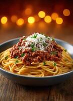 Delicious spaghetti bolognese with parmesan cozy restaurant food photography rustic setting close-up culinary delight photo