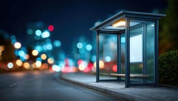 Modern glass bus stop at night in urban setting captivating visuals with vibrant bokeh effect photo