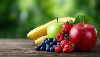 Fresh fruit arrangement on wooden table nature setting high-quality image vibrant colors photo
