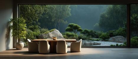 Elegant dining area overlooking lush garden modern design indoor space serene atmosphere photo