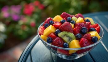 Vibrant fruit salad creation garden setting food photography bright colors overhead view healthy eating photo