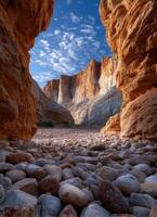 Adventure in an arid canyon landscape with sunlight streaming nature scene desert environment wide view photo