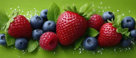 Artistic arrangement of fresh strawberries and blueberries on green background food photography close-up photo