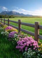 Breathtaking mountain view with rustic fence and colorful flowers nature landscape daylight serenity photo