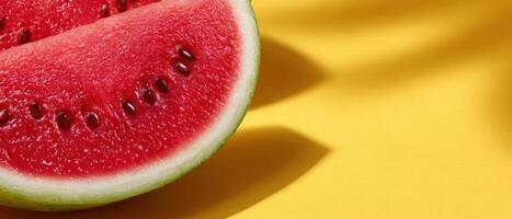 Closeup of a watermelon slice bright yellow background food photography freshness vibrant colors photo