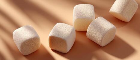 Fluffy marshmallows on cream surface dreamy dessert scene soft light cozy environment whimsical view photo