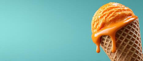 Delicious orange ice cream cone closeup colorful background food photography vibrant environment sweet treat concept photo