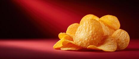Freshly fried potato chips closeup gourmet style food photography studio lighting appetizing concept photo